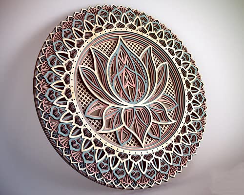 Avior Arte de pared de madera con mandala de flor de loto, decoración de yoga para colgar en la pared, arte bohemio de pared, decoración de pared en capas, decoración de inauguración de la casa y