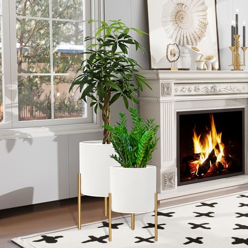 Sizes Medium and Large Color White  Planter Pots, Large Planters with Stand, Set of 2 Metal Planters for Indoor Plants with Drainage Holes for Living Room, Office, Garden or Balcony