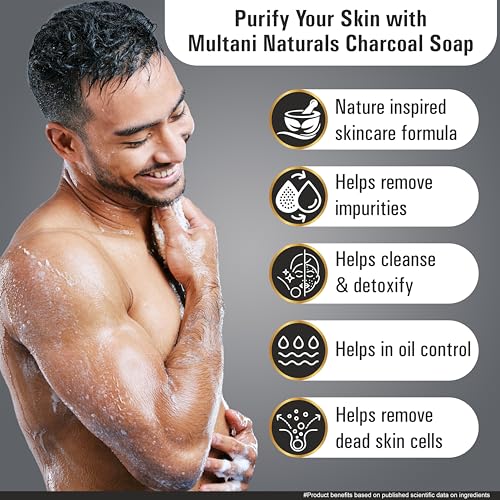 Image of Multani Natural Charcoal Soap For Oily Skin - 125 gm (Pack Of 3) | For Blackheads & Acne Prevention | For Deep Cleansing & Glow | Paraben Free | Clinically Tested | For All Skin Types | Glycerin Soap Bar For Men & Women