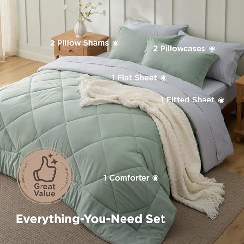 Image of Bedsure Full Size Comforter Set - 7 Pieces Reversible Sage Green Bedding, Full Size Bed Set for All Seasons, Bed in a Bag with Down Alternative Comforter, Sheets, Pillowcases & Shams