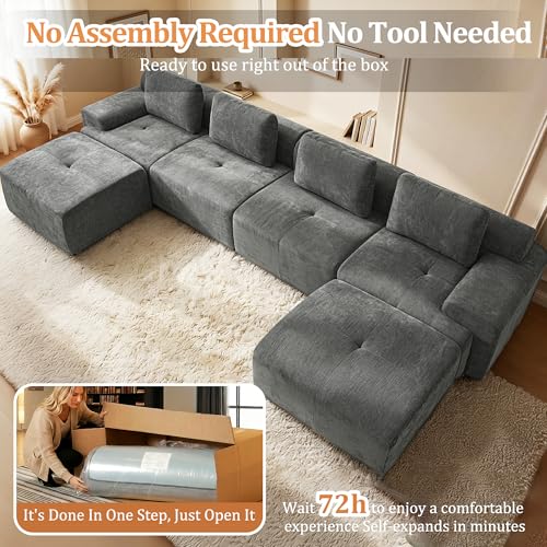 Image of 159 inch U-Shaped Modular Sectional Sofa, Oversized Boneless Cloud Couch for Living Room with Extra Deep Seat & High Back, Tool-Free No Assembly, Soft Chenille (Dark Grey, 159 inch-U Shaped（4+2）)