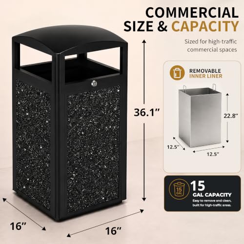 Image of Commercial Outdoor Trash Can with Lockable Lid | Heavy Duty, 15 Gallon, Removable Inner Liner, Stone Composite Panels, Black