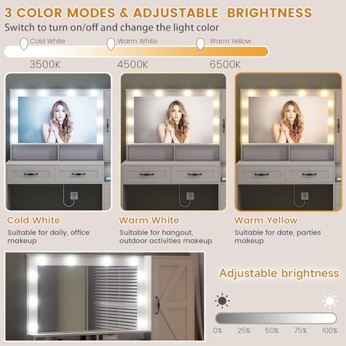 White Farmhouse Vanity Desk with Mirror and 10 LED Lights, Large Makeup Table