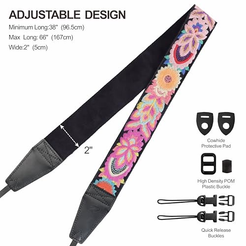 Image of Padwa Lifestyle Colorful Knit Camera Strap - 2 inch Full Grain Leather Ends Camera Straps for Photographers, Vintage Embroidered Cotton Soft Suede Fabric Padded Strap Quick Release fits All Cameras