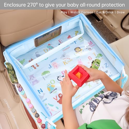Image of Car Seat Tray for Kids - Toddler Travel Essential Car Activity Table, Waterproof Snack Tray for Eating, Lap Desk Organizer, Airplane Travel Essentials, Girl Boys Car Accessories - Blue
