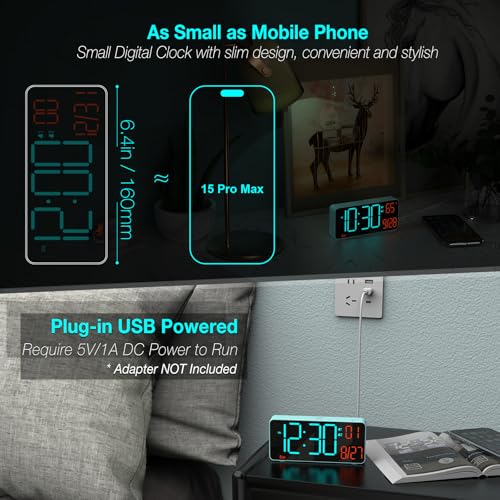 Image of KOSUMOSU Alarm Clock for Bedroom, 6.7in Small Digital Clock, Auto Dimming, Room Temperature, Day of The Week, Date, Alarm Clocks for Living Room, Desk Clocks