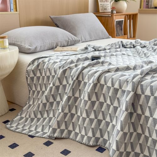Image of Cotton Muslin Quilt Queen Size, 3 Layer Breathable Bed Cover, Vintage Geometric Shabby Chic Bedding, Reversible Lightweight Coverlet for All Season Use, Sofa & Bedroom (Grey Geometric)