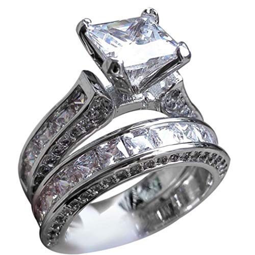 Engagement Rings for Women,2-in-1 Womens Vintage White Diamond Silver Engagement Wedding Band Ring Set,Women's Engagement Rings,Silver