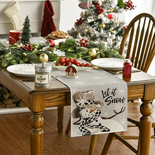 Image of Artoid Mode Grey Snowman Snowflake Let it Snow Christmas Table Runner, Seasonal Winter Kitchen Dining Table Decor for Home Party Indoor 13x48 Inch