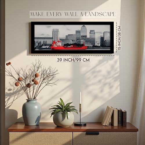 Image of PAINTINGMANTRA London City Sea View with Ship Black and White Wall Art Framed Luxury Paintings for Home Decoration, Living room, Bedroom and Office Decoration (99x38 CM)