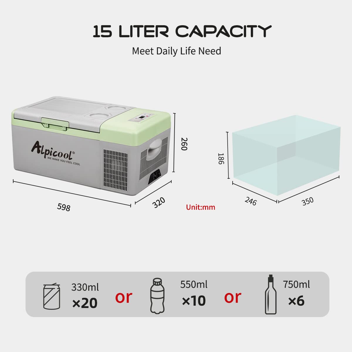 Alpicool Y16T 15 Litri Frigoriferi per Auto, Mini Frigo Portatile, Elettrico Auto Frigorifero Congelatore 12/24V DC per Viaggio -20 ℃ a 20℃