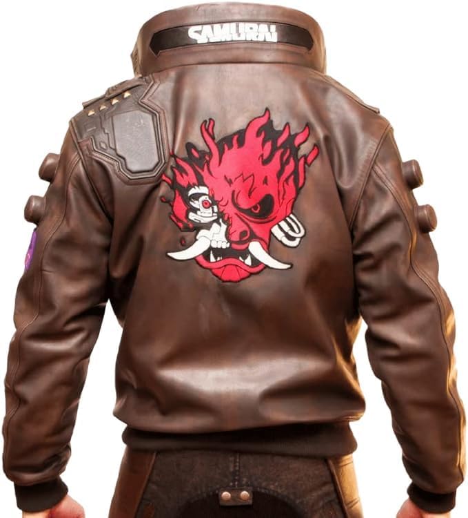 Cyborg Samurai Punk Samurai Cyber Cosplay Distressed Brown Bomber Jacket for Men