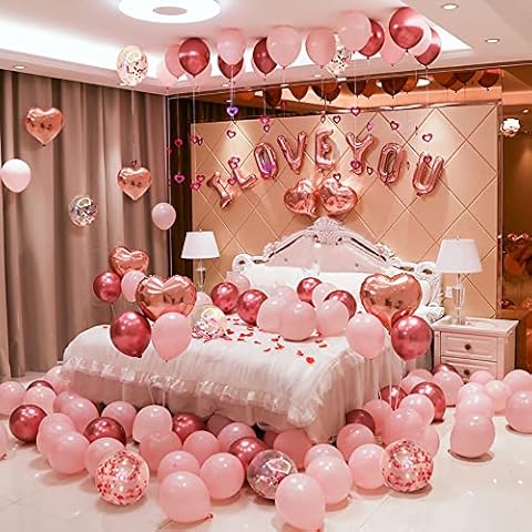CAKKA Valentines Day Balloons Kit, 101 Pack Rose Gold Pink Heart Balloons with Rose Petals, I Love You Balloons for Anniversary Mothers Day Wedding Romantic Decorations Special Night Cover