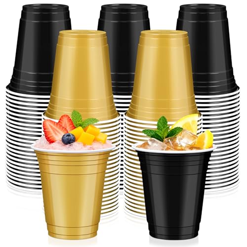 LIKAJON 100 Pcs New Years Plastic Cups 50 Gold and 50 Black Disposable Cups 12 oz Christmas Drinking Cups for Birthday Party Graduation Wedding Baby Shower Picnic BBQ