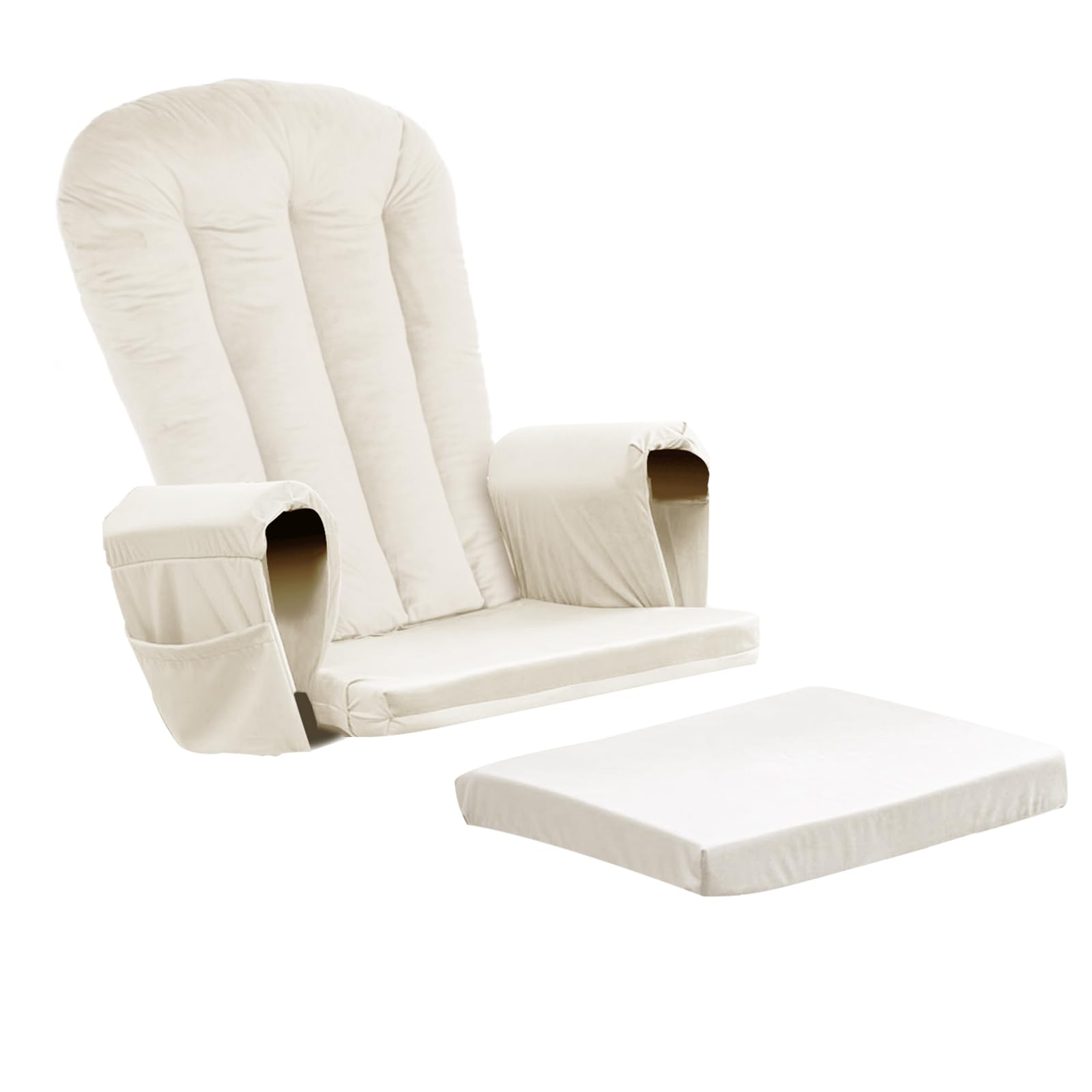 Lucky Monet 5PCS Velvet Glider Rocker Replacement Cushions, Thickened &amp; Supportive Rocking Chair Cushion Set with 29.5 Inch High Backrest &amp; Storage Pockets, for Indoor Nursery Glider &amp; Ottoman, Beige