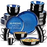 tectake® Vajilla Completa para 6 Personas, Diseño Marítimo, Aptas para Lavavajillas y Microondas, Platos Vajilla, Cuencos y Tazas de Cafe, Vajillas Completas Modernas - 30 Piezas Azul