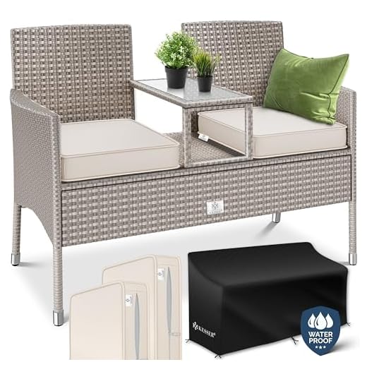 KESSER® Polyrattan Gartenbank 2-Sitzer Bank mit integriertem Tisch, 143×63×88 cm - Rattan Sitzbank Garten Balkon Gartensofa wetterfest Sitzgruppe Ultra Stabile, inklusive Kissen und Cover, Grau