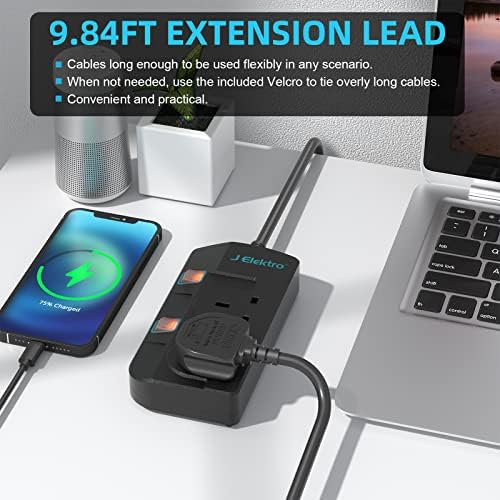Extension Lead, J Elektro Power Strips with 2 Way Outlets Extension Cord, Heavy Duty Plug 3 Meter Cable Extension Socket- Black