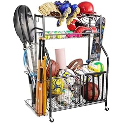 PLKOW Sports Equipment Storage for Garage, Indoor/Outdoor Sports Rack for Garage, Ball Storage Garage Organizer with Basket and Hooks, Toy/Sports Gear Storage