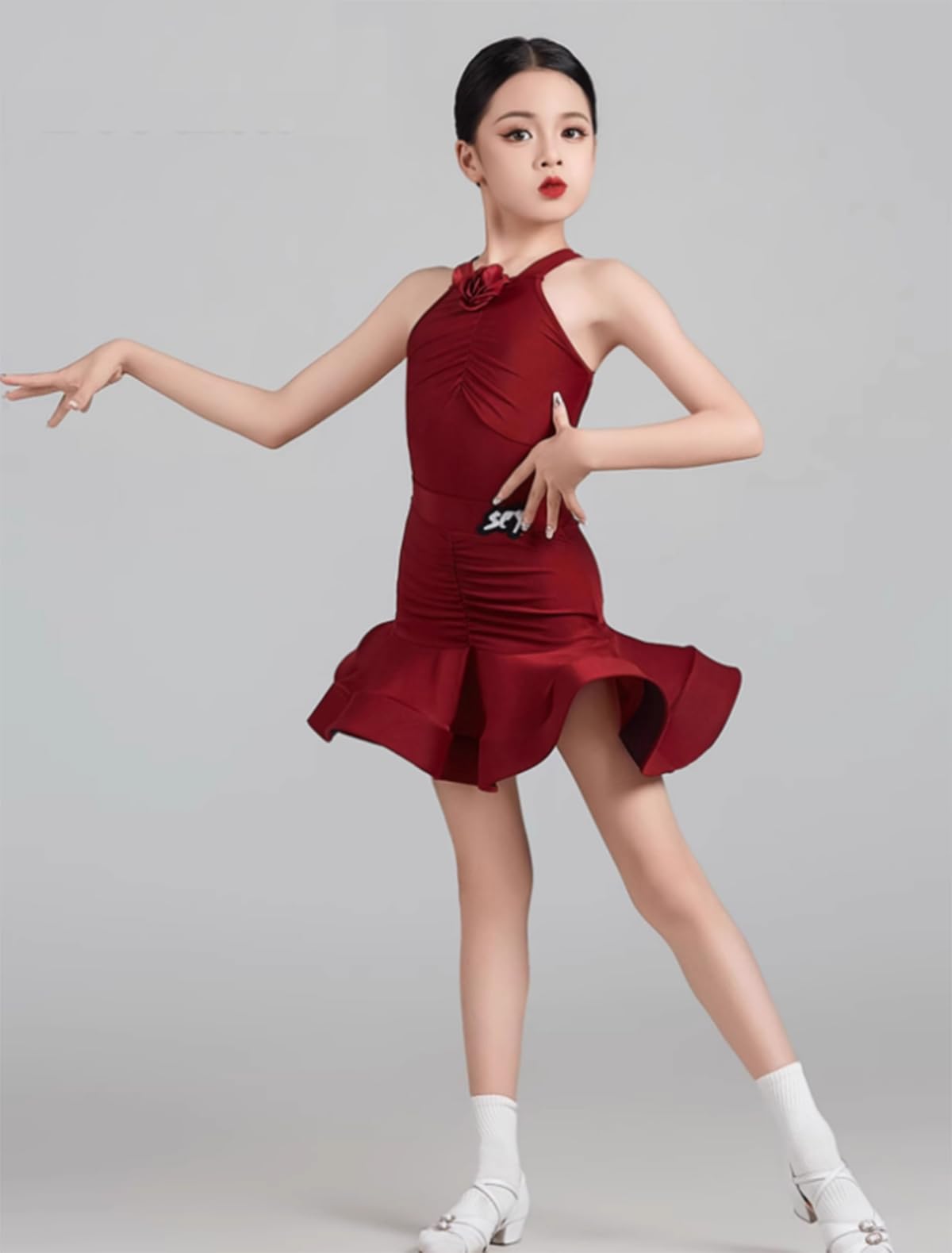 Dziewczęca sukienka latynoska, dziecięca nylonowa bez rękawów kostium do tańca towarzyskiego tango salsa samba występ sceniczny