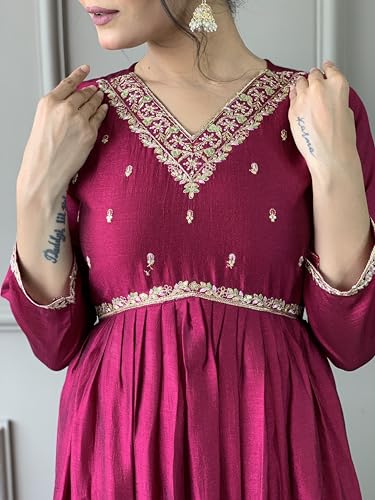 Image of Naixa Women's Vichitra Silk Embroidered Flared Kurta with Pant and Dupatta Sets (S-Sameera)