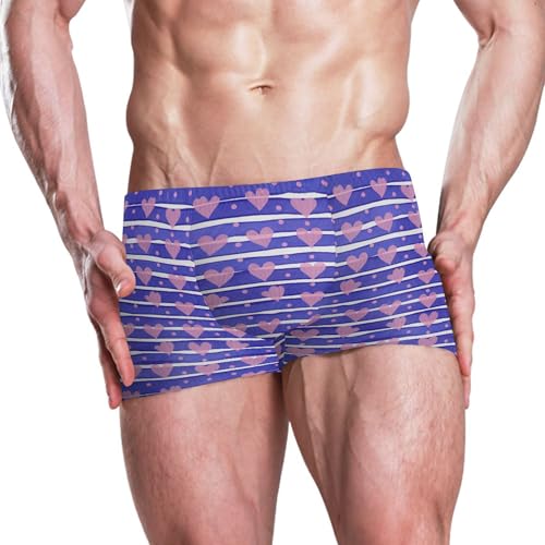 Pink Heart Blue Stripes Mens Swim Trunk Swimwear Bathing Suit Swim Brief Square Leg Board Short S B04047452