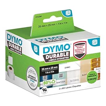 Etichette DYMO LW Autentiche Resistenti - 25 mm x 25 mm - 2 Rotoli da 850 Etichette "White Poly" (1700 Pezzi) - Etichette che durano su superfici esigenti per Etichettatrici LabelWriter