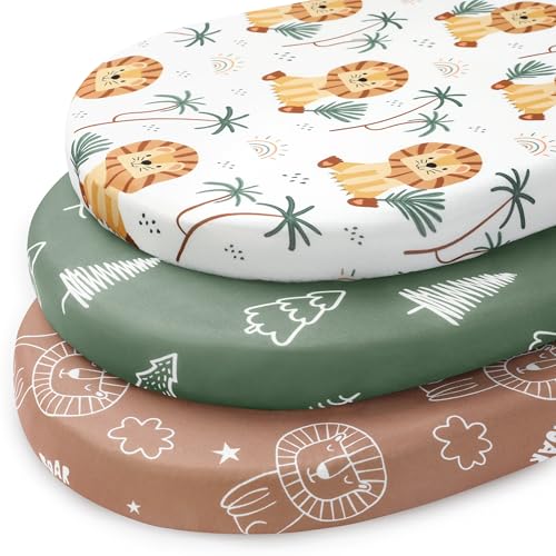 Image of FIEMOL Baby Bassinet Sheets, 3 Pack Fitted Bassinet Mattress Sheets, Compatible with Halo Bassinest Swivel Sleeper & Oval Hourglass Rectangle Mattress, Ultra Soft Brown Lion