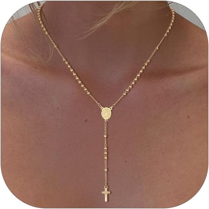 FOCALOOK Rosary Chain Necklace Virgin Mary Prayer Necklace with Crucifix/Jesus Cross Pendant Catholic Long Y Drop Chain Jewelry Gift for Women Men (with Rosary Box & Pray Card)