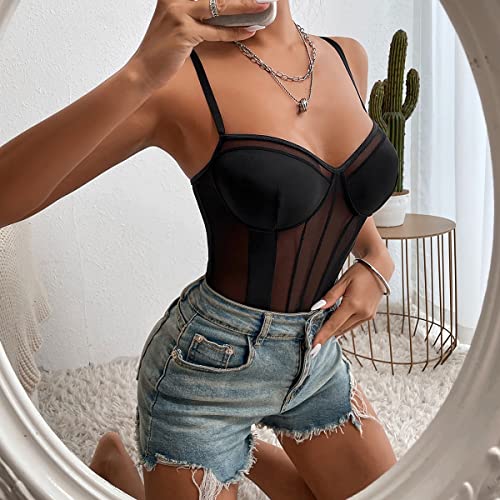 Body Damen Sexy Sheer Mesh Bodysuit Transparenter Spaghettiträger Ärmellos Body Rückenfreie Slim Jumpsuit Stretchy Netz Unterziehbody Blusebody Elegant Schmal Oberteil Mode Going Out Tops