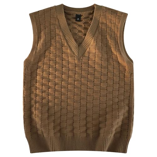 Mens Plaid Knitwear Pullover Vest Checkered Pattern Cable Knit Sweater Vest V Neck Sleeveless Knitted for Men