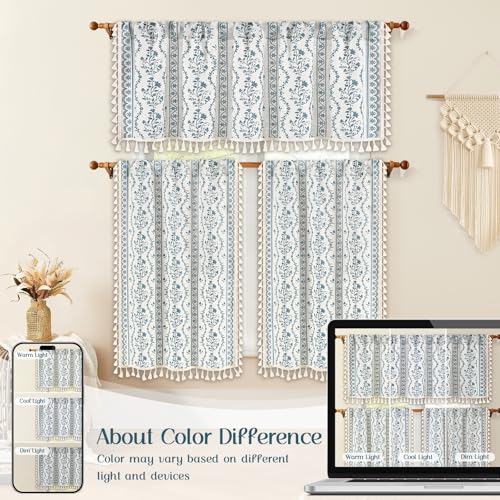 Image of Yinhua 2 Pack Boho Valance Curtains Vintage Linen Kitchen Valances for Windows Light Filtering Bohemian Floral Valance Rod Pocket Tassel Window Valances for Bathroom Cafe, 52 inch W X 18 inch L, White Blue