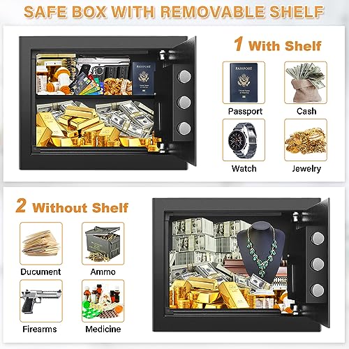 1.0 Cub Home Safe Fireproof Waterproof, Small Fireproof Safe Box with Programmable Keypad and Removable Shelf, Security Digital Safe for Home Money Firearm Medicines Valuables