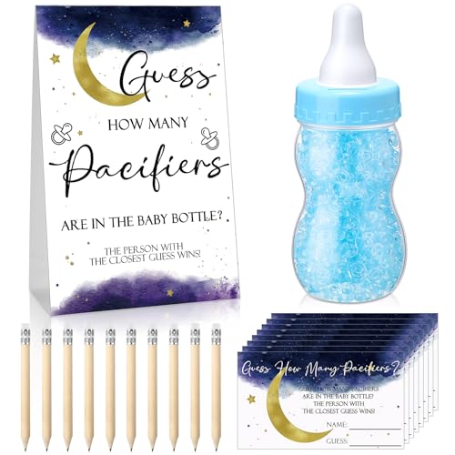 Image of Roowest 512 Pcs Baby Shower Games Guess How Many Pacifiers Sign 100 Small Guessing Games 10 HB Pencils 750ml Milk Bottle 400 Acrylic Pacifiers Decoration for Guest Gender Reveal(Blue,Moon)
