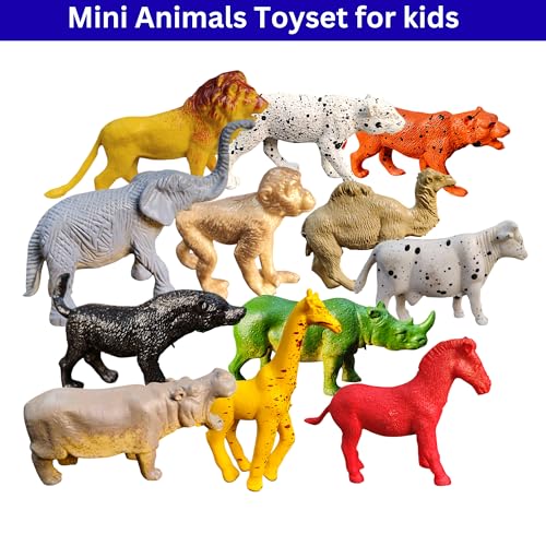 Image of ZESTHOME Mini Animal Toys Set for Kids | Small 2-Inch PVC Rubber Figures - Lion, Tiger, Elephant, Horse, Giraffe, Monkey, Cow, Fox | Educational & Fun Play | 12-Piece
