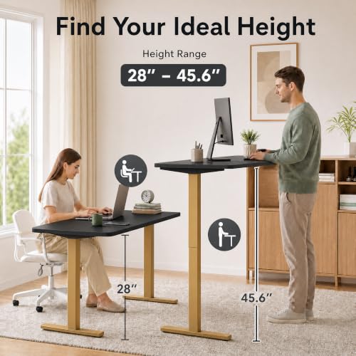 Image of Grandder 55x32 Extra-Deep Electric Standing Desk, Wide Desktop Fits 49 inch Ultrawide Monitor+Dual Screens, 176 lbs Capacity, 2 Memory Presets, Anti Collision, Computer Desk, Black Top&Gold Frame