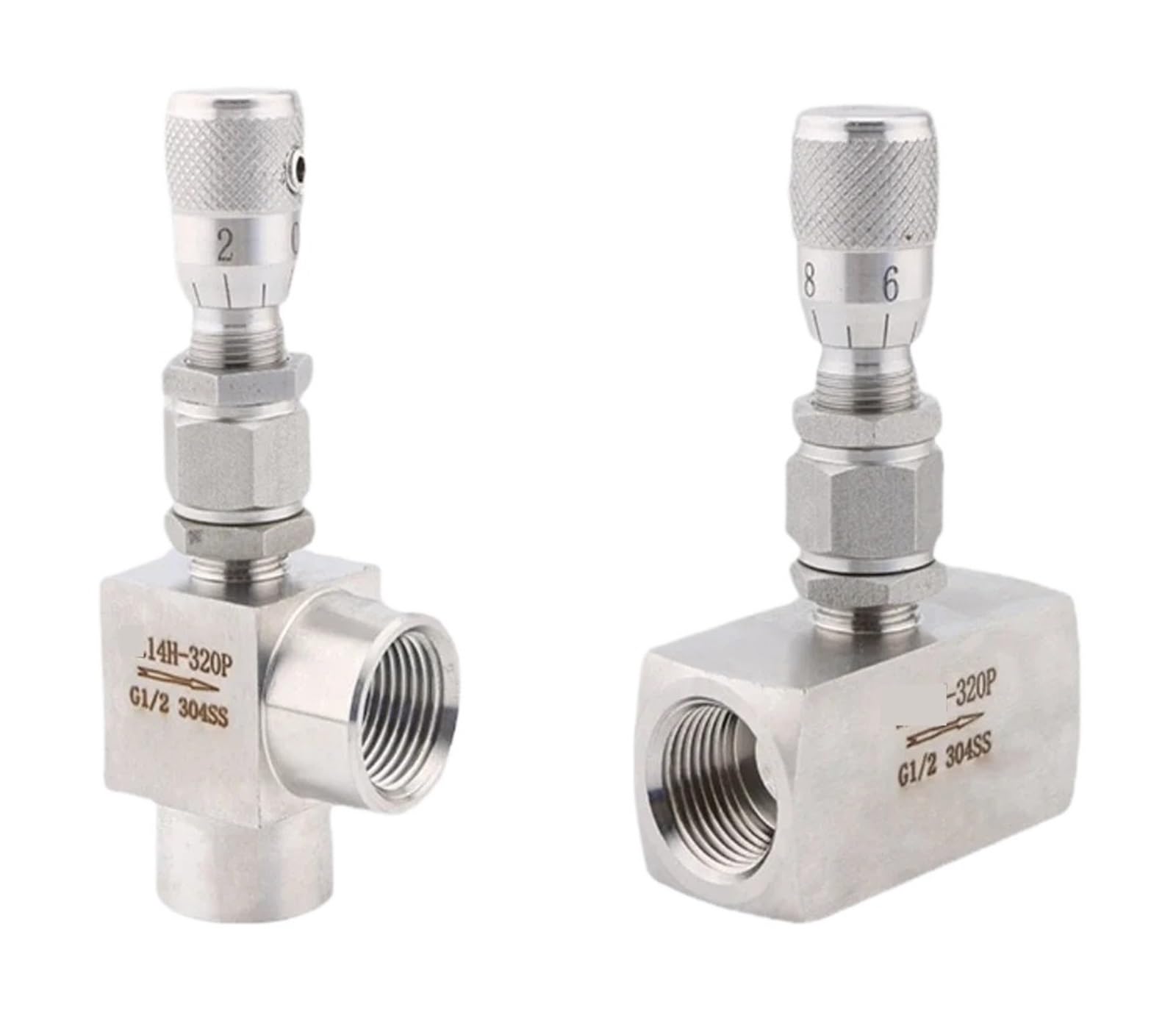Válvula de aguja dosificadora reguladora de caudal de acero inoxidable 304 y 316, con rosca hembra BSP NPT de 1/8", 1/4", 3/8", 1/2", 3/4" y 1/2", recta o codo.(3/8",NPT_FLOW HOLE 1.2MM_ELBOW SS304)