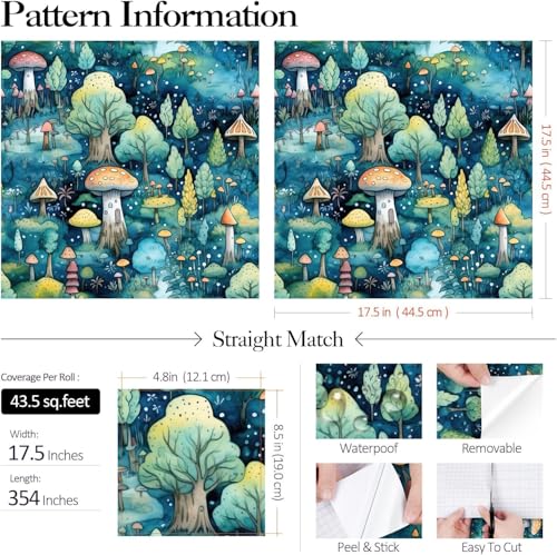FunStick Teal Wallpaper for Living Room Modern Forest Mushroom Wall Paper Peel and Stick Wallpaper Blue Botanical Mushroom Green Patterned Vinyl Wrap for Walls Furniture Teal Sticky Back 44.5CMx3M - Image 4