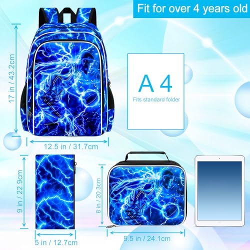 Image of 3Pcs Basketball Backpack for School, Kids Boys Lightning Bookbag with Lunch Box, 17 inch Backpacks for Elementary Preschool Kindergarten (Blue)