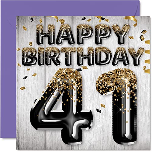 Tarjeta de cumpleaños número 41 para hombres, globos negros y dorados con purpurina, tarjetas de feliz cumpleaños para hombre de 41 años, papá, primo, amigo, hermano, tío, 145 mm x 145 mm, cuarenta y