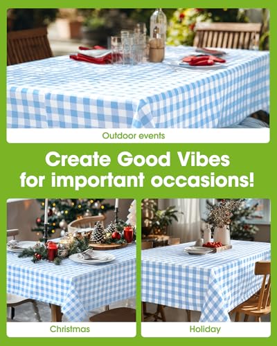 Image of Pureegg Plastic Table Cloth Disposable 8 Pack, 54 x 108 Inch Table Cloths, Party, Picnic, Decorative Gingham Tablecloths, Rectangle, Blue and White Checkered Cover, Leakproof & Sturdy, Blue Plaid
