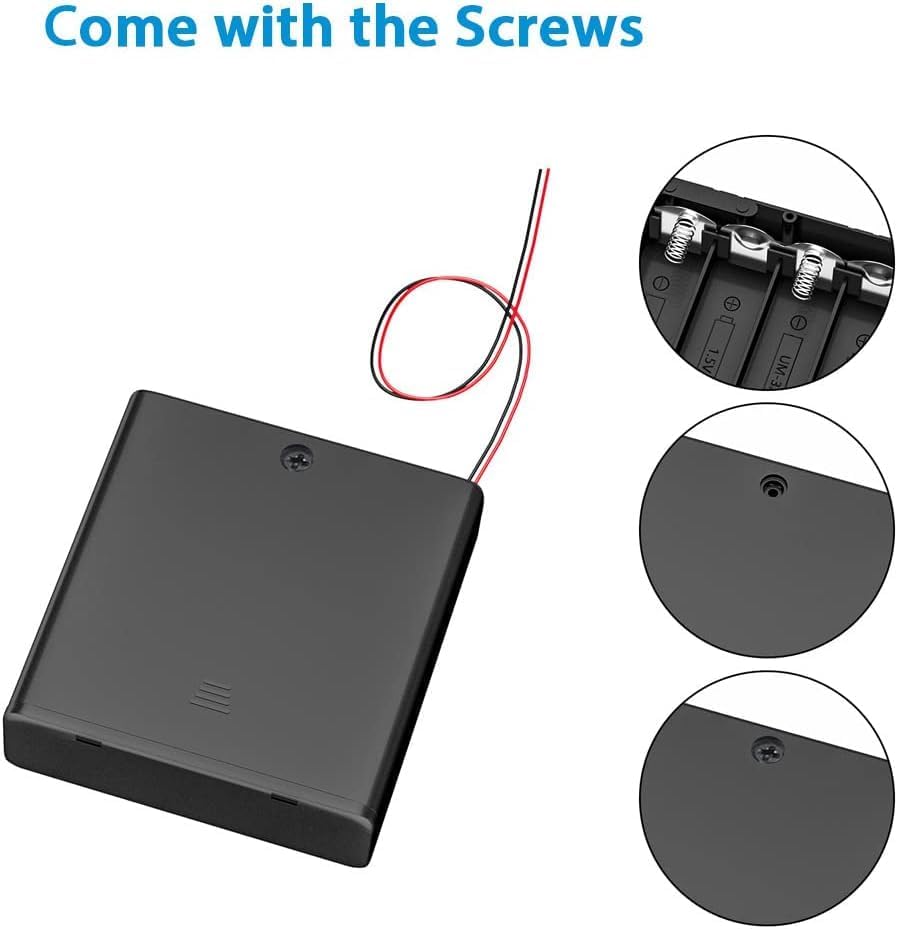 (Pack of 4) 4 AA Battery Holder with ON/Off Switch, 4 Slots Battery Holder with Wire Leads and Cover, 4 X 1.5V AA Battery Holder, Black