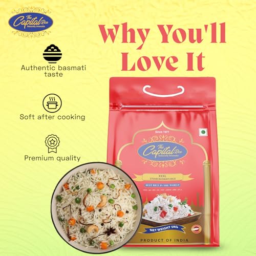 Image of The Capital XXXL Steam Basmati Rice - 5Kg | Premium Aged Long-Grain Rice | Naturally Aromatic, Extra Long, Fluffy & Non-Sticky | Ideal for Biryani, Pulao & Daily Cooking
