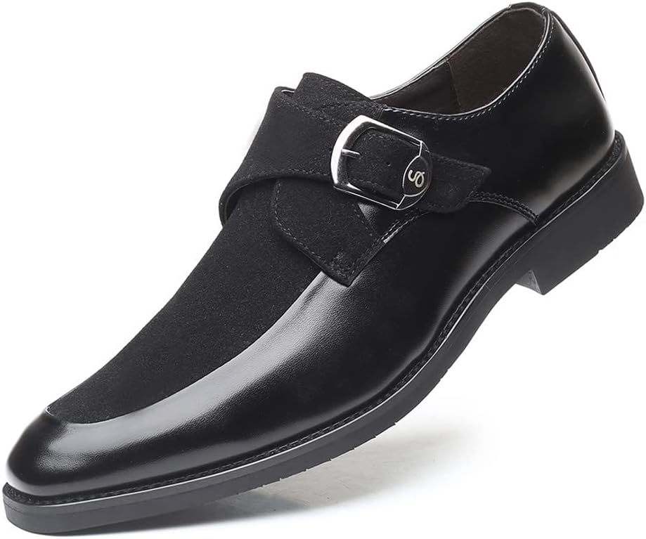 Santimon Mens Leather Monk Strap Slip-On Oxfords Formal Loafer Square Toe Classic Casual Shoes Black 10.5 US