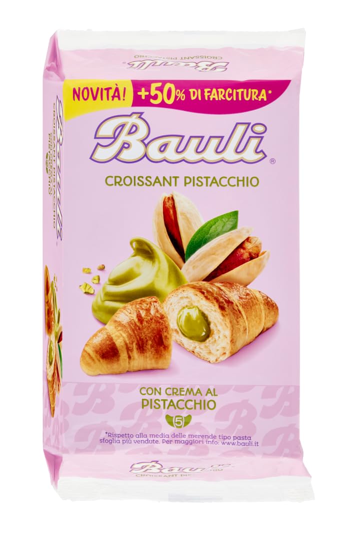 8X Bauli Croissant Pistacchio Cornetti con Crema al Pistacchio con Extra Farcitura 5 Monoporzioni 250g [CAIYA® BOX da 8 Confezioni]