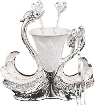 Creative Swan Storage Organizer Zinc Alloy Fruit Fork Mooncake Fork Dessert Coffee Spoon Household Desktop Tableware Storage and Placement Bracket Silver White+6 Forks