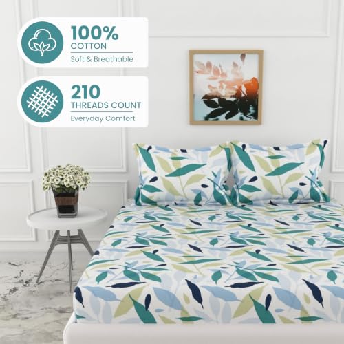 Image of LORETO - A QUALITY LINEN BRAND 210 TC 100% Pure Cotton Double /Queen Fitted Bedsheet with 2 Pillow Covers for 78 x 60 Inch Mattress, All-Around Elastic, 8 Inch Deep Pocket, Green Leaf Whisper