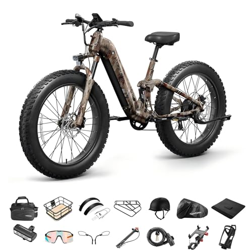 Luxury Gift Package Electric Bike for Adults 960W, 48V 20AH Battery Adult Electric Bicycles, 26" Fat Tire Full Suspension Step-Thru Ebike, 28MPH Mountain Ebike, 7 Speed, 80Miles Range Camouflage