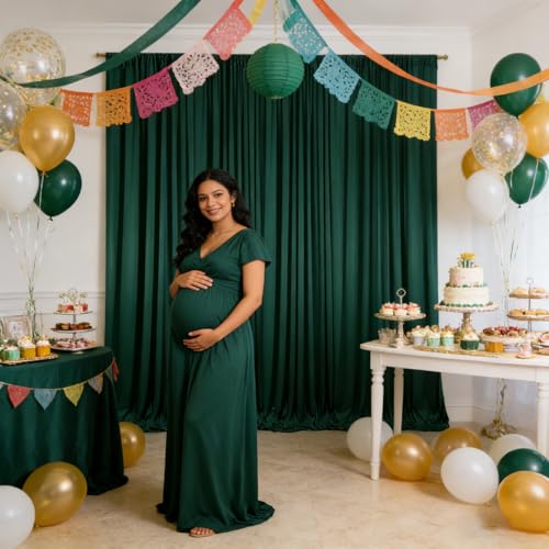 Image of 10ft x 10ft Dark Green Backdrop Curtains for Parties, Polyester Fabric Backdrop Drapes with Rod Pockets for Weddings, Birthday, Halloween, Photography, Christmas Party Background Curtain, 2 Panels
