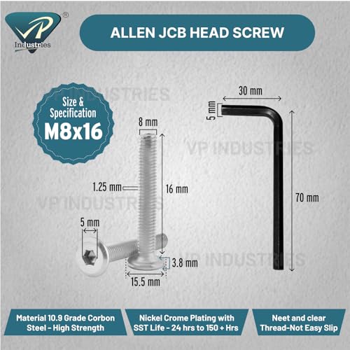 Image of Rely⇒VP INDUSTRIES (Pcs-15) M8x15 mm JCB Allen Head Furniture Screw Stainless Steel Grade 304 | Bolt for Crib, Bunk Bed, Cot, Barrel